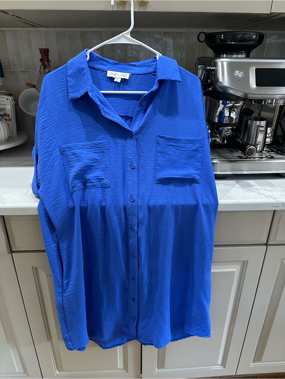 She + Sky Cobalt Blue Button-Down Shirt with Patch Pockets